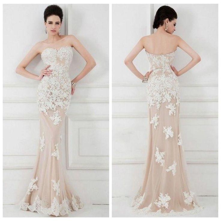 Свадьба - 2014 New Long Nude Tulle Mermaid Formal Evening Party Dresses Prom Wedding Gowns