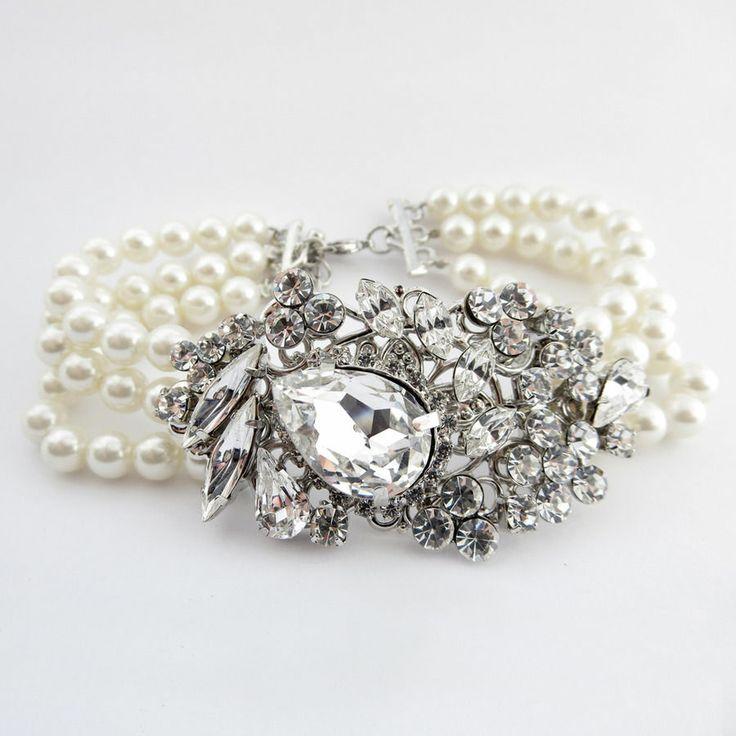 Mariage - Stunning Antique Silver Rhinestone And Pearl Wedding Bracelet