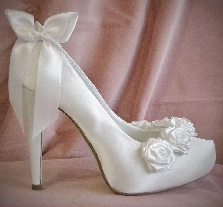 Mariage - White Ivory Satin Bridal Shoes Boutique Rose Fairytale Bow Wedding Vintage Chic