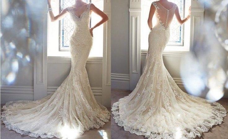 Mariage - Sleeveless V-neck Mermaid White/ivory Wedding Dresses Bridal Gown Size Custom