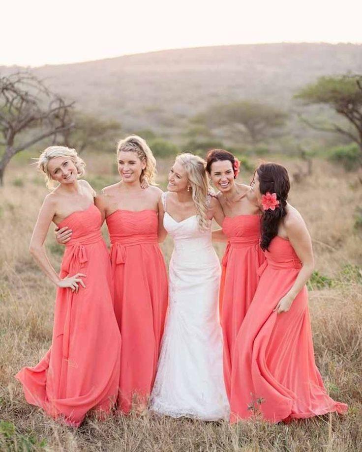 Hochzeit - Long Coral Chiffon Bridesmaid Dress With Pleat Bodice Custom SZ 2 4 6 8 10 12 14