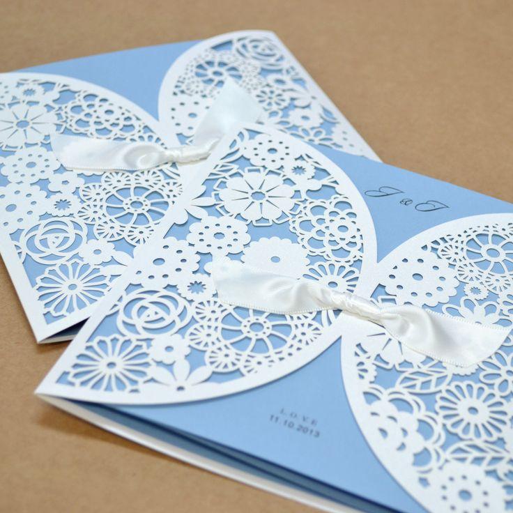 Hochzeit - 1 Sample Kit Luxury Laser Cut Satin Ribbon Wedding Cards Invitation BH2065 Blue