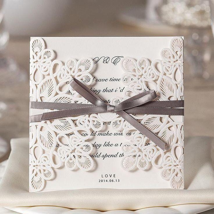 Wedding - Floral Cut Pearl Ribbon Wedding Invitations Free Envelopes & Seals Kit WI1080