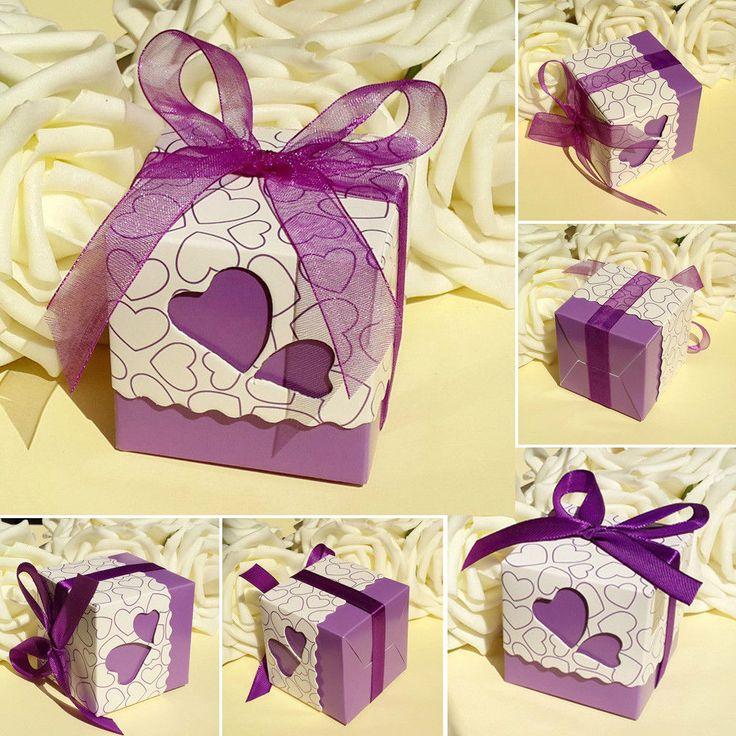 Wedding - 100× Purple Hollow Heart Candy Boxes With Ribbon Wedding Party Favors Gift Boxes