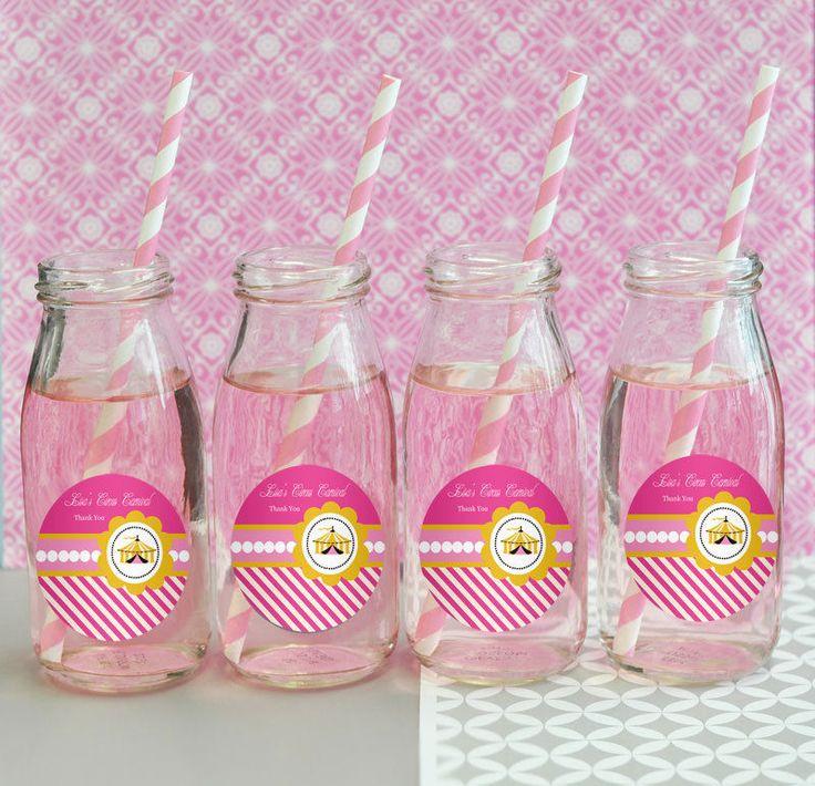 Hochzeit - 24 Pink Circus Themed Birthday Party Shower Personalized Milk Bottles