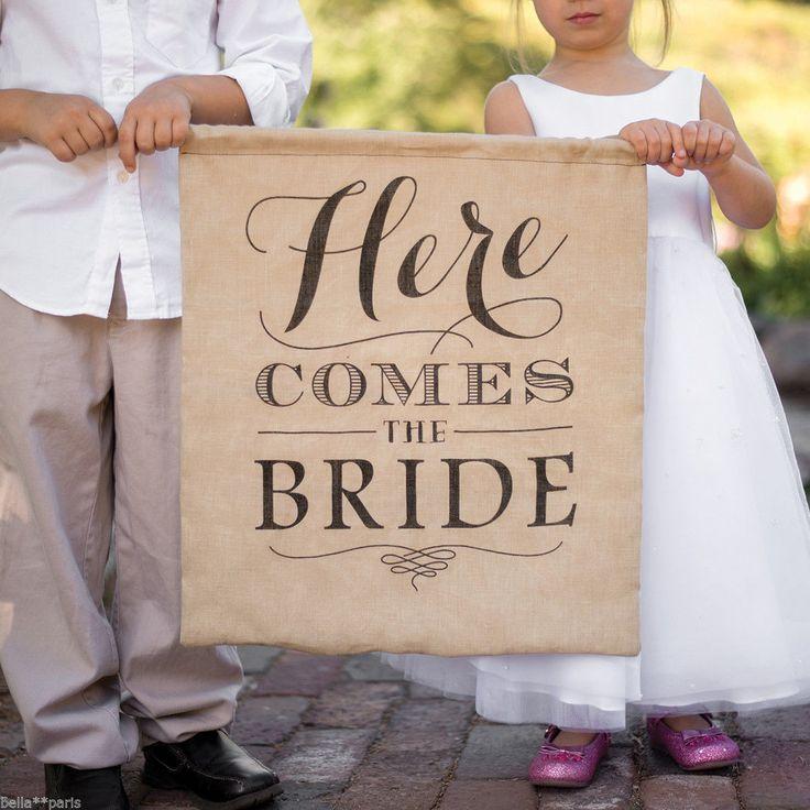 Hochzeit - Rustic Linen Here Comes The Bride Wedding Ceremony Ring Bearer Pennant Sign