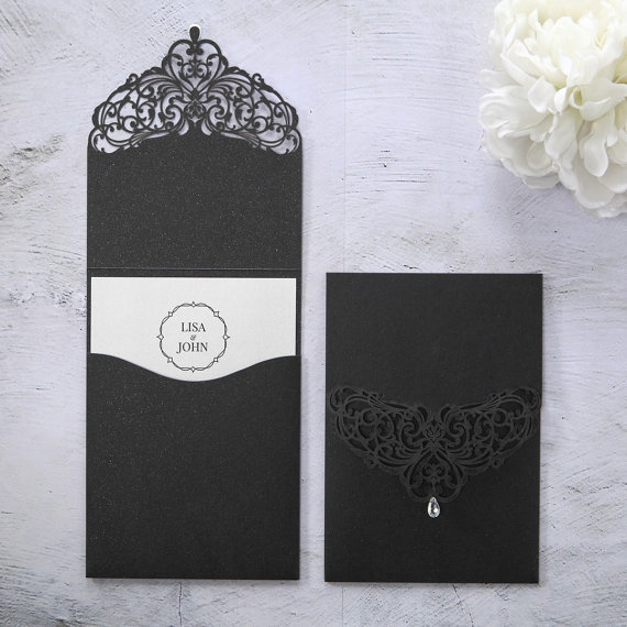 Wedding - Jeweled Romance Black Lasercut Pocket - Wedding Invitation Sample (IWP14011-SV) - New