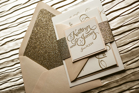 Wedding - Blush & Gold Wedding Invitation, Gold Glitter Wedding Invite, Calligraphy Invitation, Gold Invitation - Sample Set - New