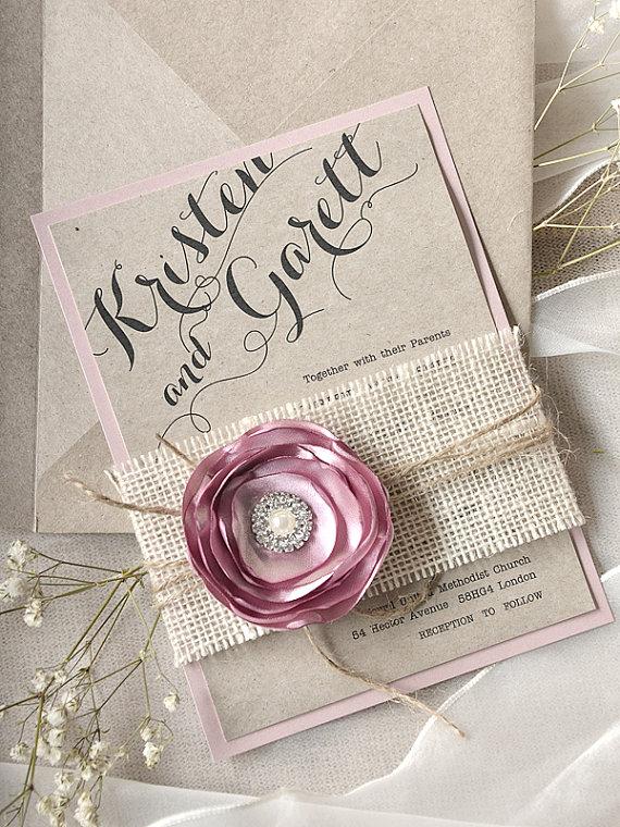 Hochzeit - Custom listing (100) Lace Wedding Invitation, Pink Burlap Wedding Invitations,  Rustic Wedding  Invitations - New