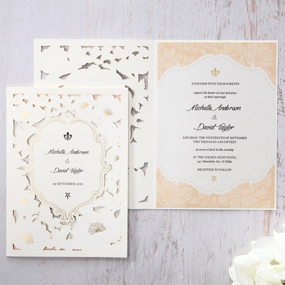 Hochzeit - Gold Foiled Floral Laser Cut IWP14028-PK Wedding invitation Sample (IWP14028-PK) - New