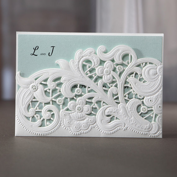 زفاف - Laser Cut Floral Pocket - Wedding Invitaiton Sample (BH3663) - New