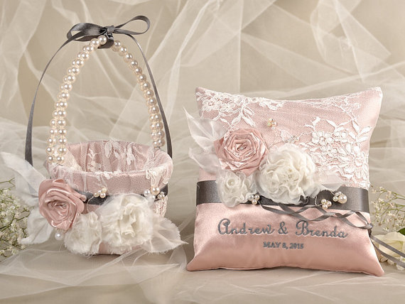 Свадьба - Flower Girl Basket & Ring Bearer Pillow Set, Custom Embroidery - New