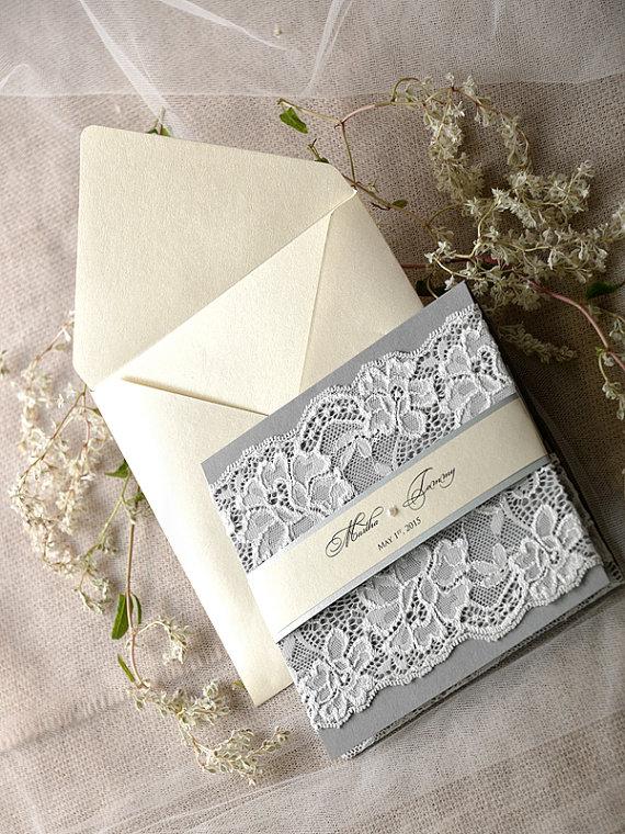 زفاف - Custom Listing (20) Silver and Grey Wedding Invitation -  Lace Ecru Wedding Invitations