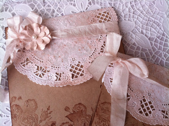 Wedding - Blush pink vintage look invitation with dyed doily,ribbon and stamped flowers - New