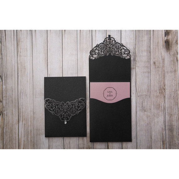 Mariage - Jeweled Romance Black Lasercut Pocket - Wedding Invitation Sample (IWP14011-PP) - New