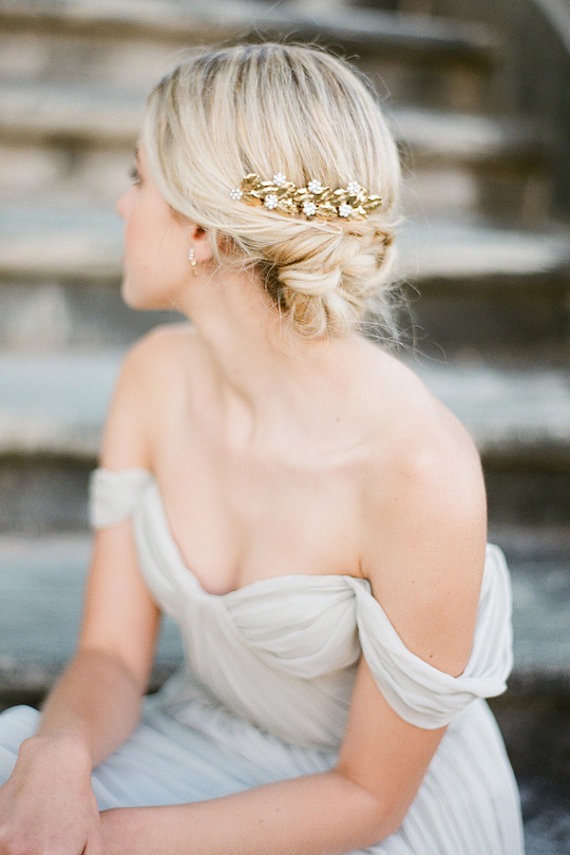 زفاف - Gold  Pearls Floral Comb with Crystals  Bridal Wedding Jewellery - New