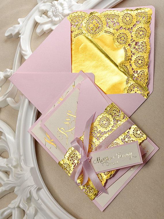 Hochzeit - Gold and Pink Wedding Invitation -  Wedding Gold Embossed Invitations