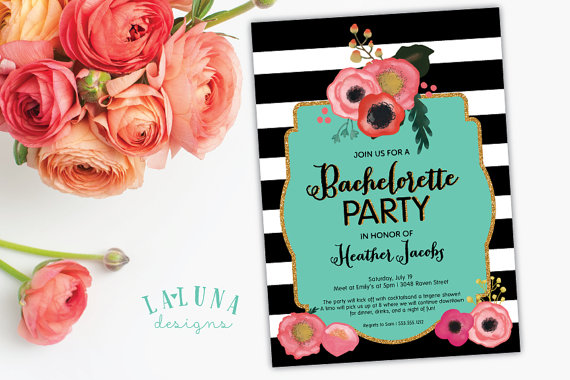 Свадьба - Bachelorette Party Invitation, Black & White Stripe, Floral Invite, Glitter Bachelorette Invitation, Hens Party Invitation - New