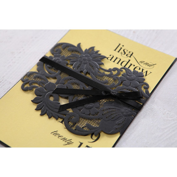 Wedding - Black Laser Cut Wrap with Ribbon - Wedding Invitation Sample (IWP14037-YW) - New