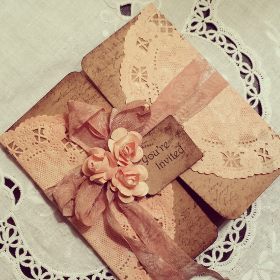 Wedding - Peach doily tri-fold rustic invitation, with small flowers and tag, lace vintage - hand made rustic - New