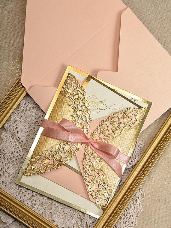 Hochzeit - Gold and Peach  Wedding Invitation -  Peach Gold Invitation