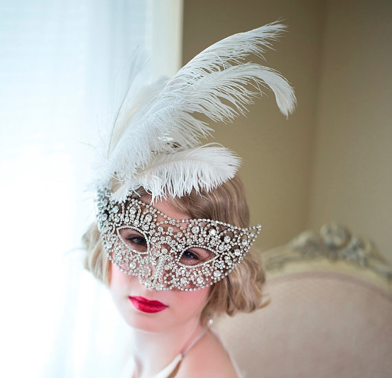 زفاف - Crystal Mask, Wedding Hair Accessory, Bridal Ostrich Plume Mask, Gatsby Style Wedding Mask - New
