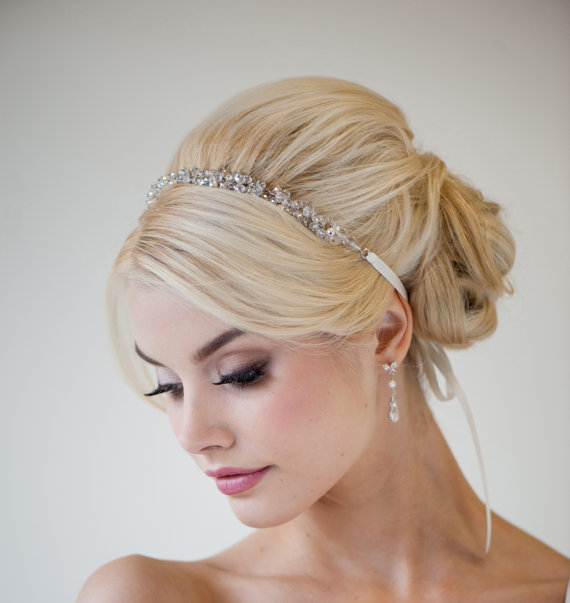 Wedding - Bridal Ribbon Headband, Bridal Hair Accessory, Beaded Ribbon Headband, Wedding Head Piece - DEMI - New