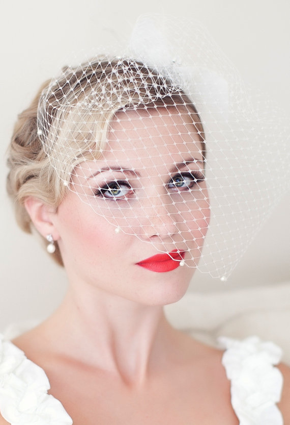 زفاف - Birdcage Veil Embellished with Swarovski Pearls, Bridal Veil, Wedding veil - New