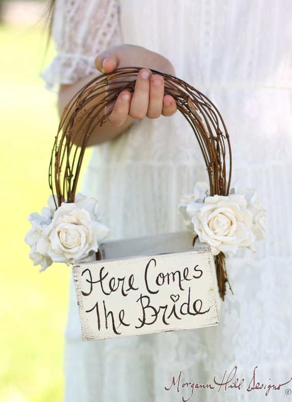 Wedding - Here Comes The Bride Flower Girl Basket Rustic Country Wedding (Item Number MHD20231) - New