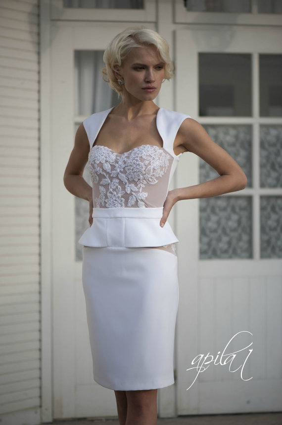 زفاف - Short Wedding Dress with Embellishments by Lace, Pearls and Beads , White Short Wedding Dress, Crepe Wedding Gown L1 - New
