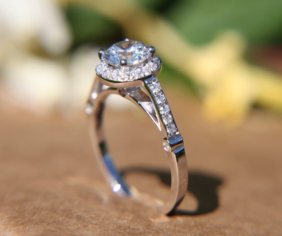 زفاف - Diamond Engagement Ring  -14K white gold - 1.10 carat - Round - Halo - Pave - Antique Style - Bp029 - New