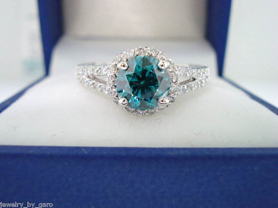 زفاف - Fancy Blue & White Diamond Engagement Ring 1.33 Carat SI1 14K White Gold Bridal Ring handmade Halo - New