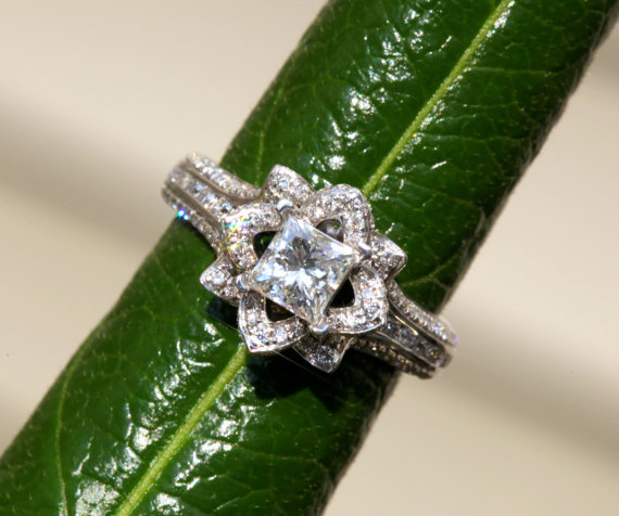 Wedding - Gorgeous UNIQUE Flower Rose PRINCESS Cut Diamond Engagement Ring - 2.25 carat - 14K white gold - custom made - Fl01-P - New