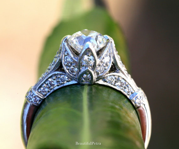 زفاف - SPECTACULAR ANTIQUE - Old European Cut - Flower Diamond Engagement ring - 1890s to 1930s - Platinum - BpT09 - New