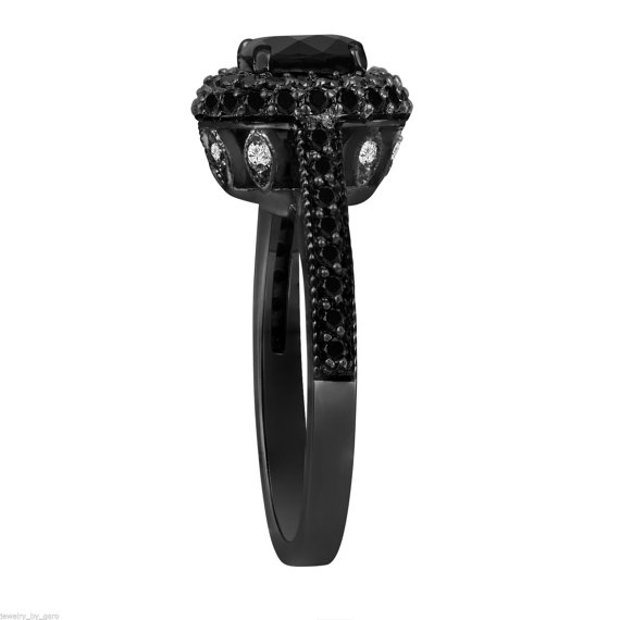 زفاف - Fancy Black Diamond Engagement Ring Vintage Style 14K Black Gold 1.78 Carat Unique Halo Pave Set HandMade Certified - New