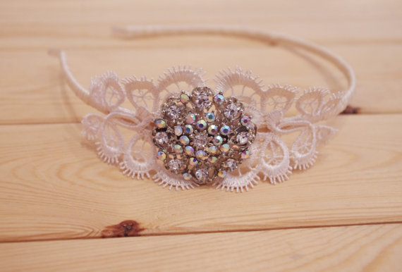 Hochzeit - Vintage Style Ivory Lace and Ribbon Wrapped Bridal Headband - Sparkly Rhinestone Side Tiara - New