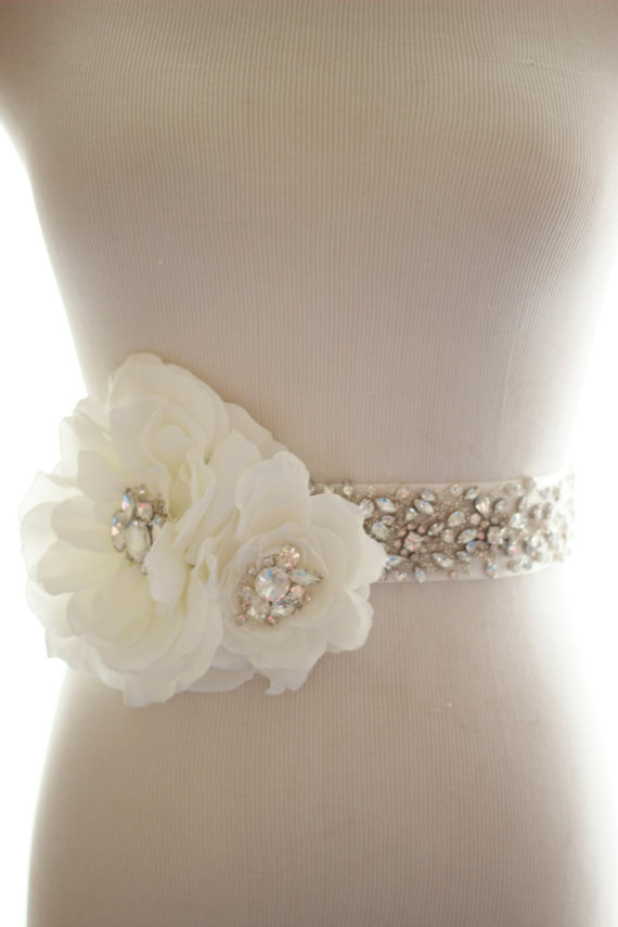 Mariage - Rhinestone Crystal Silk Flower Bridal Belt, Wedding Sash, Crystal Bridal Sash - New