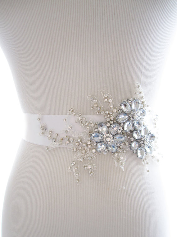 Hochzeit - Amazing Rhinestone Beaded Lace Applique Bridal Sash, wedding sash, bridal belt, wedding belt - New