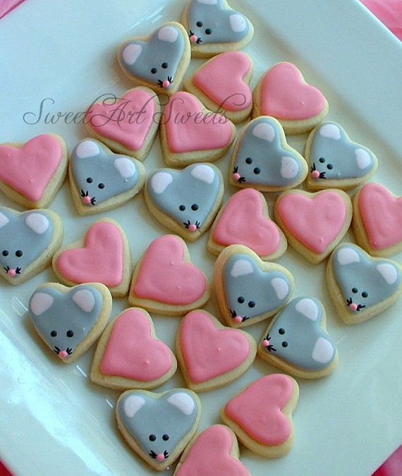 Wedding - Mice cookies and Hearts Valentine MINI Cookies - 2 dozen - New