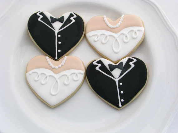 Hochzeit - Wedding Cookie Favors-Tuxedo and Gown Hearts-One Dozen - New