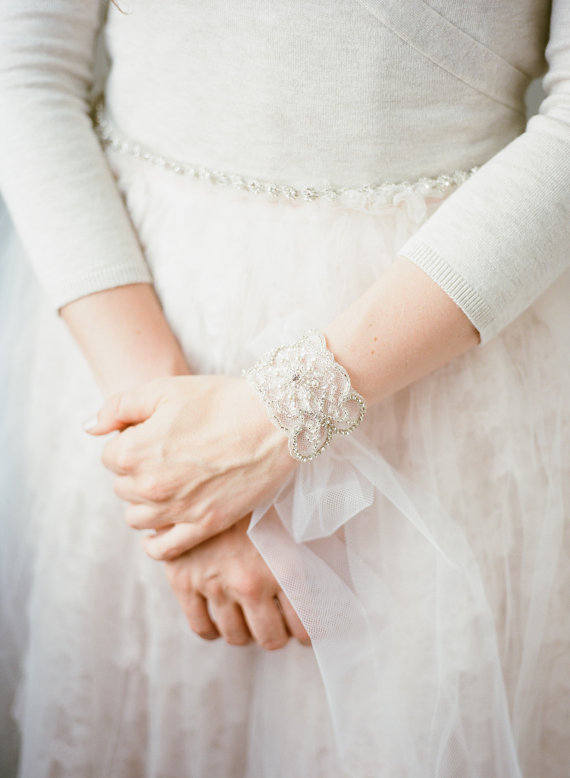 زفاف - Bridal Cuff, Crystal Beaded Tulle Bracelet, Illusion Piece - New