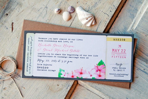 Свадьба - Wedding Invitation -Tropical Boarding Pass with Hibiscus - Destination Wedding - Design Fee - New