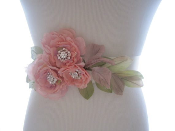 Hochzeit - Woodland Rustic Pink Flower Rhinestone Bridal Wedding Belt Sash - New
