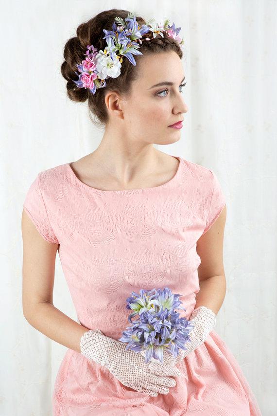 زفاف - bridal flower crown, floral hair wreath, pink bridal hairpiece, lavender wedding -SYBELLE- wildflower hair accessories, flower circlet - New