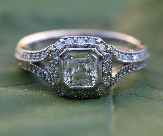 زفاف - HALO Diamond Engagement Ring - Modified Asscher E/VS1 Center Diamond - Bezel set - 18K White Gold - Antique Style - weddings - Bph018 - New
