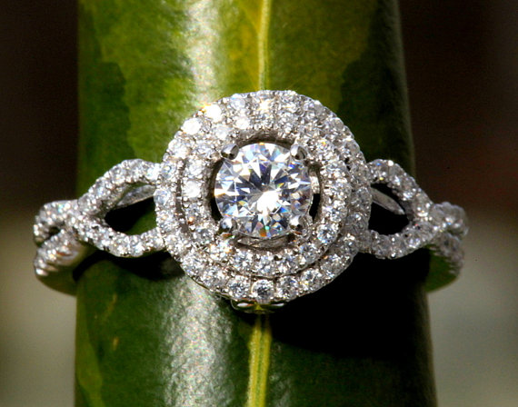 Hochzeit - Diamond Engagement Ring -14K white gold -  chunky - 1.10 carat Round - Double Halo - Pave - Antique Style - Weddings- Luxury- Brides - bph07 - New