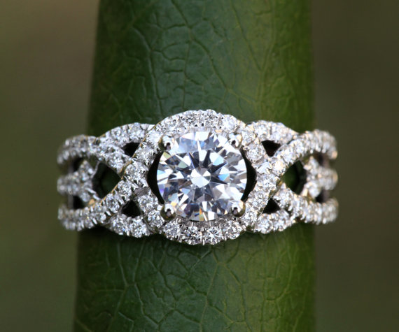 زفاف - TWIST OF FATE - 14k White gold - Diamond Engagement Ring - Halo - Unique - Swirl - Pave - Bp024 - New