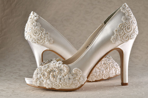 Mariage - Wedding Shoes - Custom 250 Color Choices- PB525 Vintage Wedding Lace Peep Toe 3 1/4" Heels, Women's Bridal Shoes - New