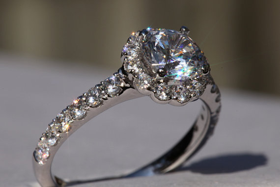 زفاف - 14k CUSTOM Made - Diamond Engagement Ring  Semi Mount Setting with a 1carat CZ center- .61carat  Round - Flower Halo - Pave - Bp0014 - New