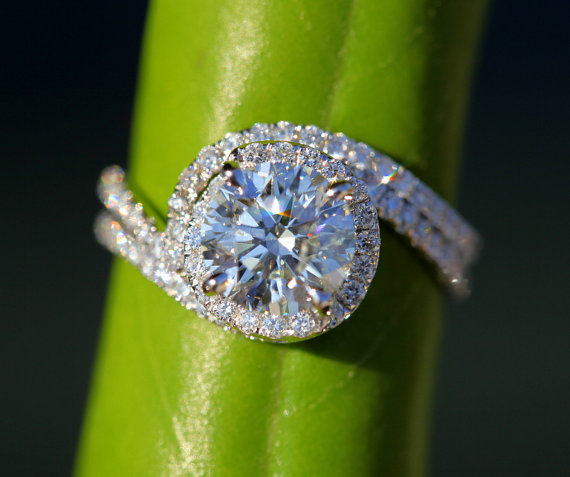 Wedding - Wedding Set - 14k White gold - Diamond Engagement Ring and matching band- Halo - UNIQUE - Thin Swirl - Pave - Weddings- Luxury - Bp0013 - New